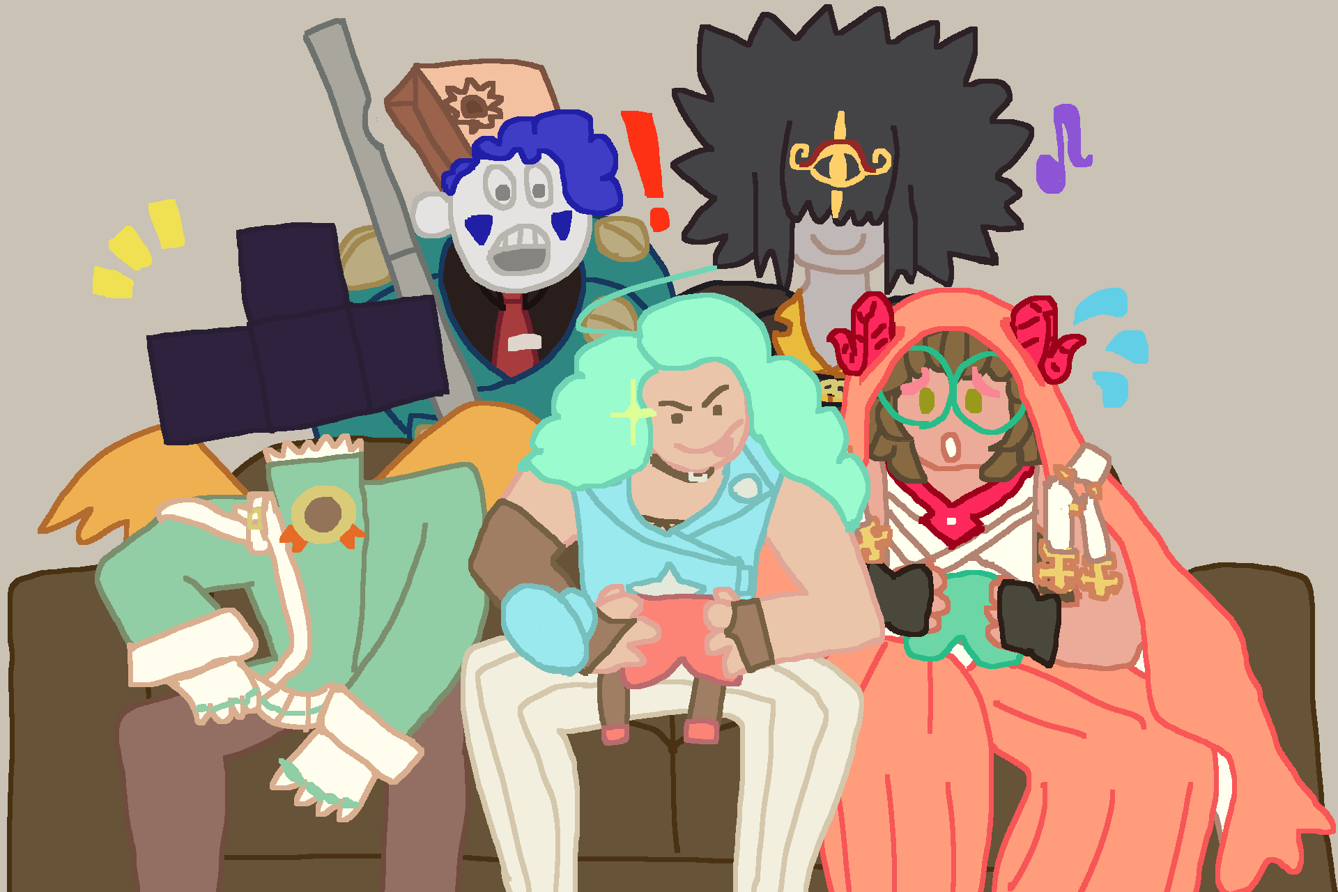 a digital drawing of five people on and behind a couch. from top left to bottm right, they are the sonas of marsupials nick, zag, jay, orion, and smiley. they are all dressed as their guilty gear xrd rev 2 mains, which are faust, venom, millia, chipp, and raven, respectively. orion and smiley are holding controllers, and all are facing the viewer as if they are playing/watching the game ahead of them
